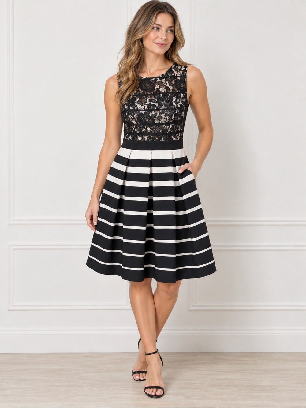 Danny & Nicole Sleeveless Black & White Lace Bodice Striped Skirt Dress, size 4